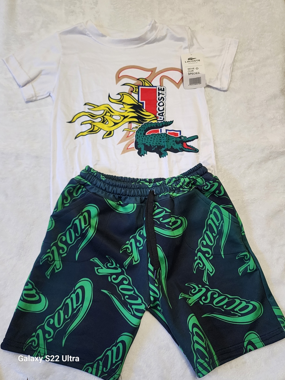 Lacoste Boys' White Graphic Tee & Navy Green Logo Shorts Set